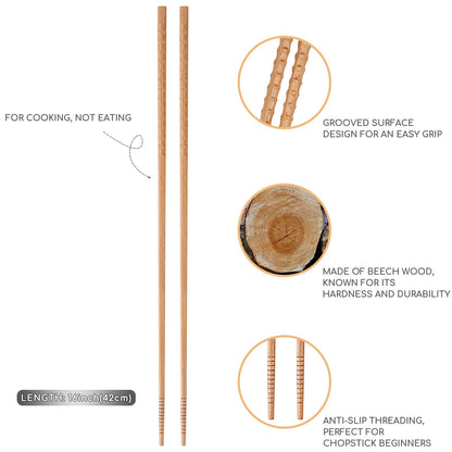 Donxote Extra Long Wooden Cooking Chopsticks - Set of 6 Non-Slip 16.5 Inch Kitchen Tongs for Frying, Ramen, Hot Pot with Oil Splash Protection, Reusable & Natural