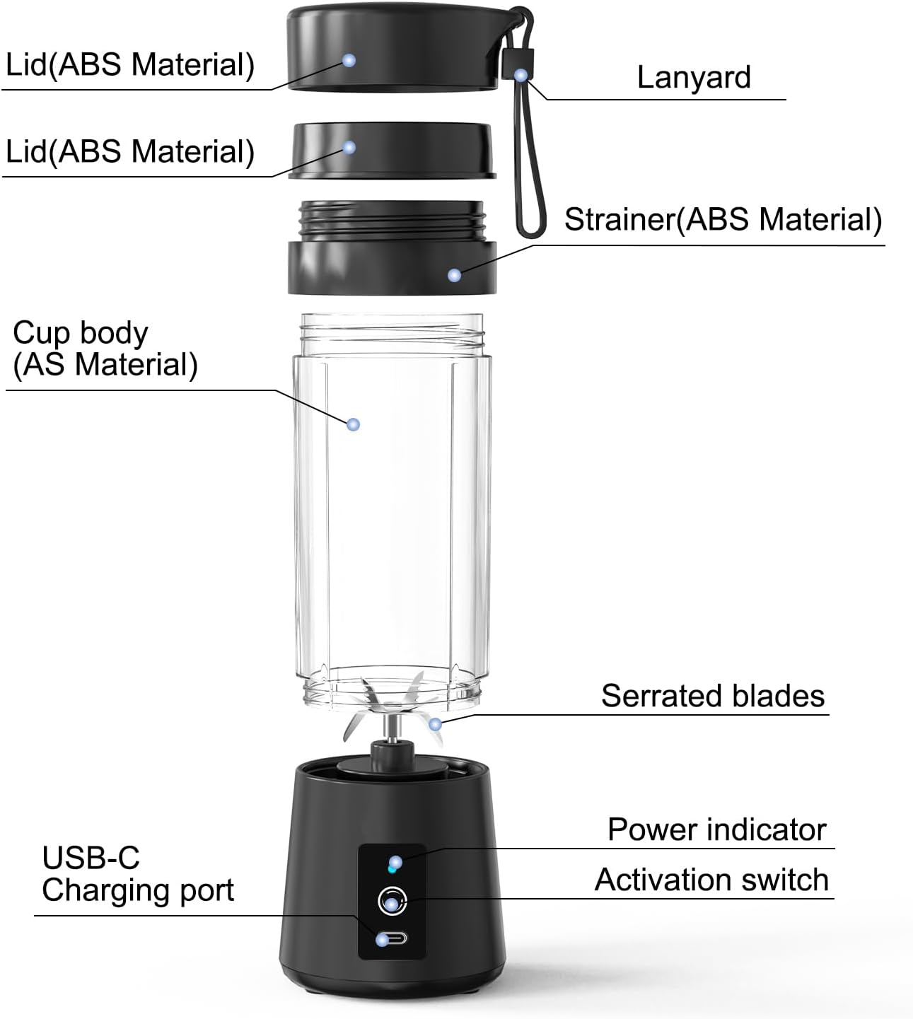 Portable Blender Bottles, Personal Mini Blender for Shakes & Smoothies, 13oz USB-C Rechargeable (Black)