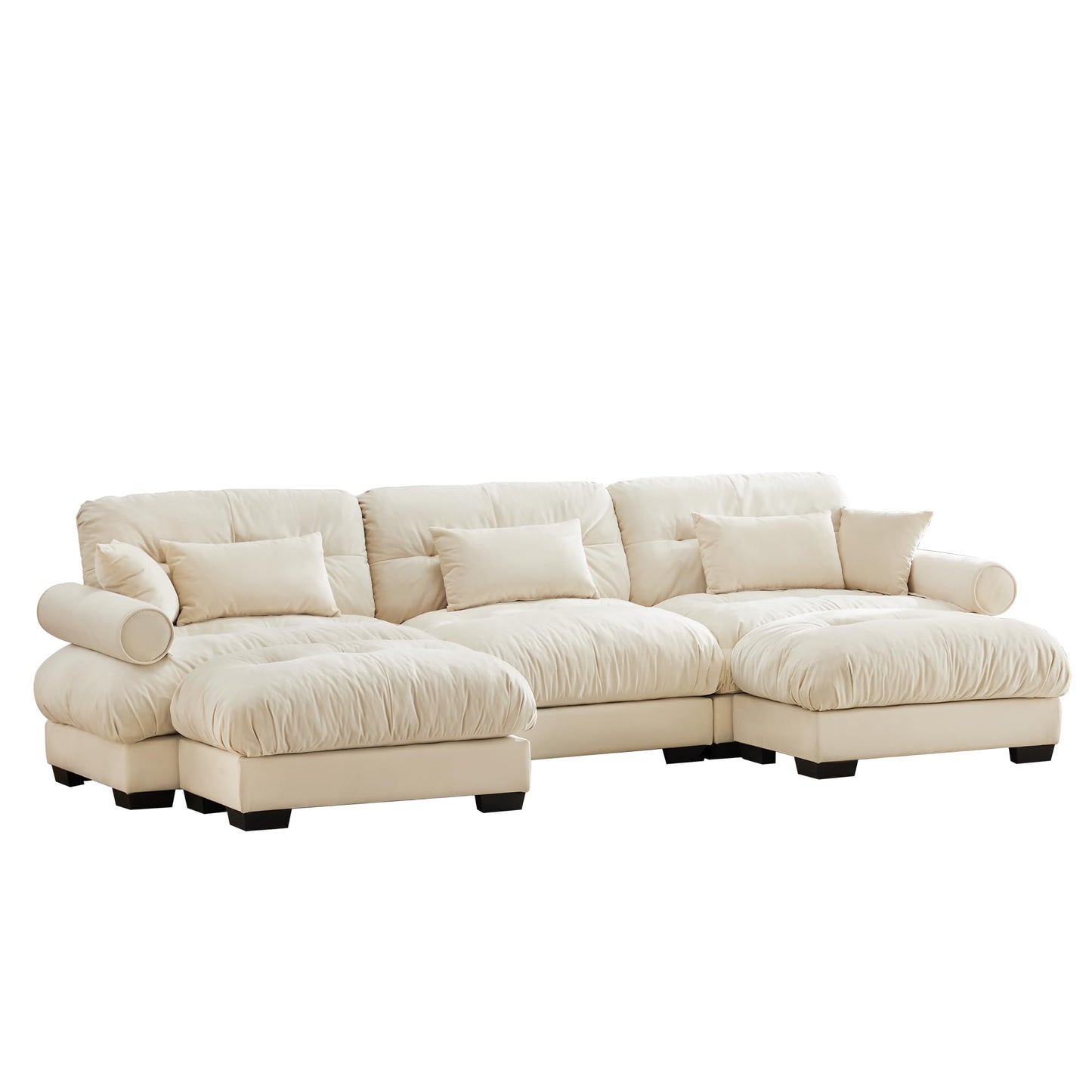 Ball & Cast U Shaped Sectional Sofa,130" 3-Seater Cloud Couch with Waist Pillows,Throw Pillows and Blostered Armrests,Convertible Comfy Chenille Sofa w/Removable Ottomans,for Living Room,Cream