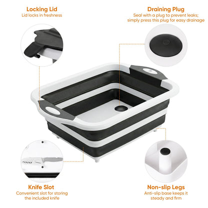 Collapsible BBQ Prep Tub with Lid, Foldable Camping Sink with Colander, Cutting Board, Dish Basin for Kitchen, Bowl, Vegetable and Fruit, Storage Basket for Picnic-Black