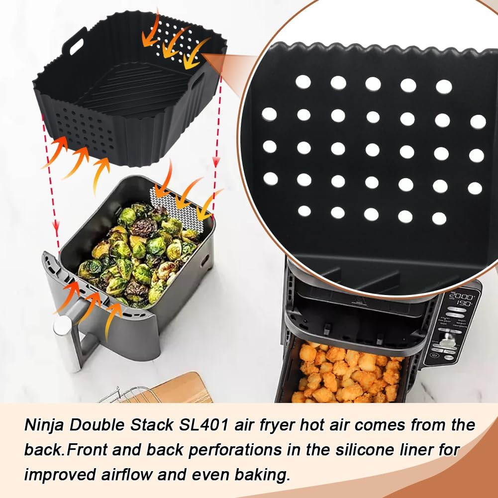 BYKITCHEN Air Fryer Silicone Liners for Ninja SL401 Double Stack, Reusable Rectangle Perforated Accessories