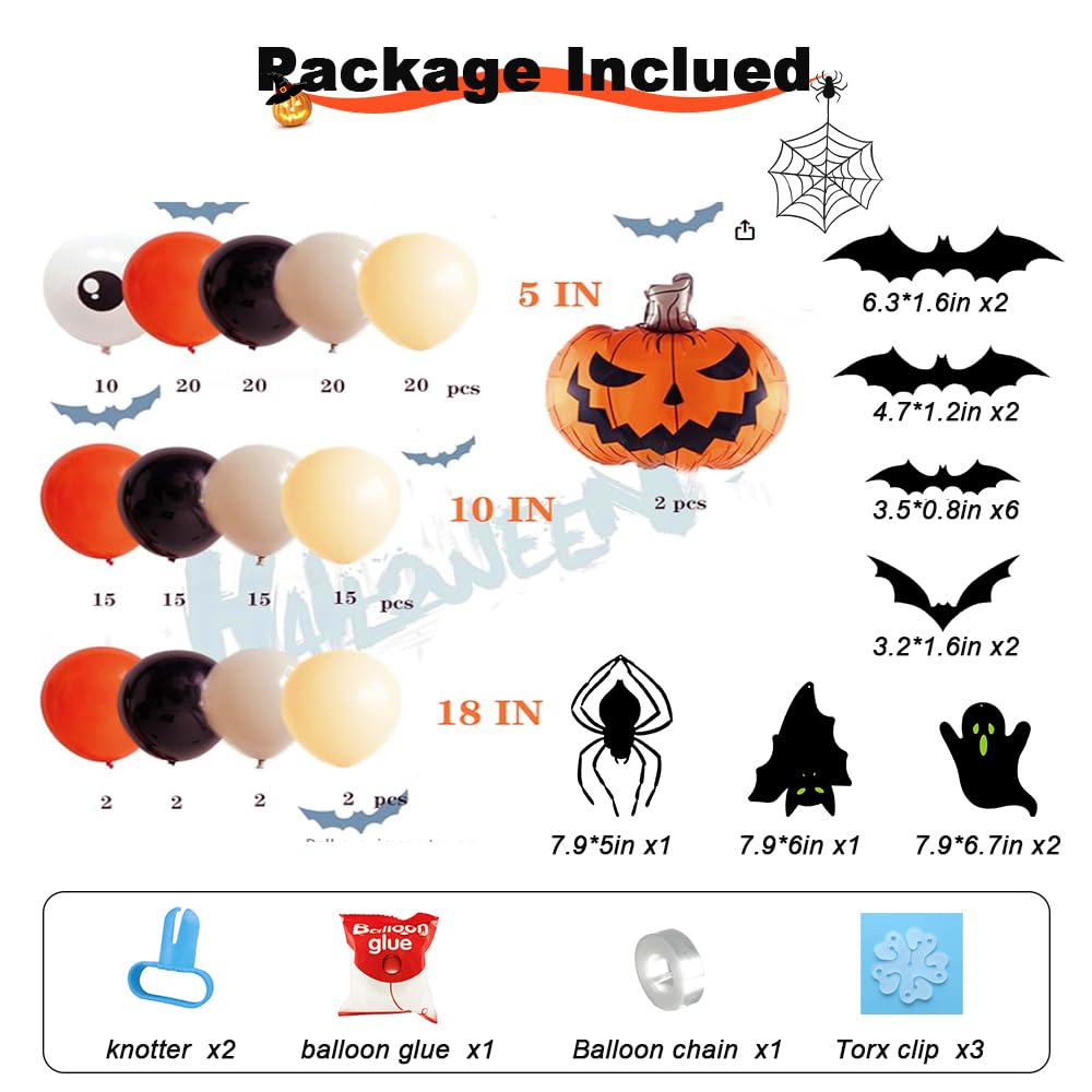 Leesoot Halloween Decorations 164pcs Balloon Arch Kit + 3D Stickers Bat Spider Ghost for Halloween Party, Orange Apricot Balloons with Pumpkin Foil Balloons Home Decoration