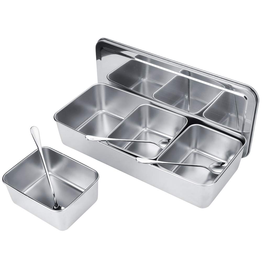 Hapivida Stainless Steel Seasoning Box, 3 Compartment Dispenser Container with Lid Food Serving Display Container Serving Tray Large Capacity Kitchen Condiment Storage Silver