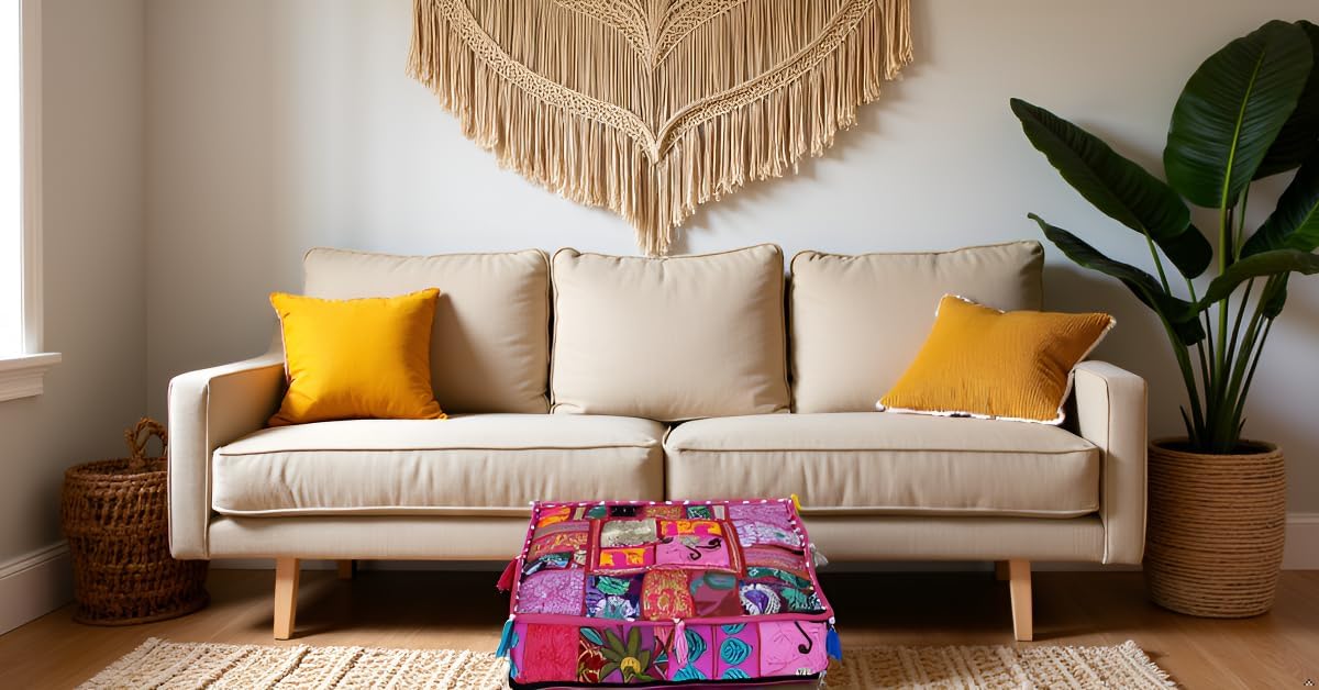 22x22x5 inches, CRAFT KALA Indian Square Patchwork Traditional Pouf Cover Indian Living Room Poufs Decorative