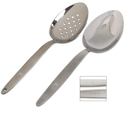 BNAZIND Kunz Perforated and Regular Set | Pack of 2 | 9 Inch 18/10 Stainless Steel Cooking Serving Spoon | Daily Chef, Basting, Quenelle, Saucing, Plating Spoon | Dishwasher safe