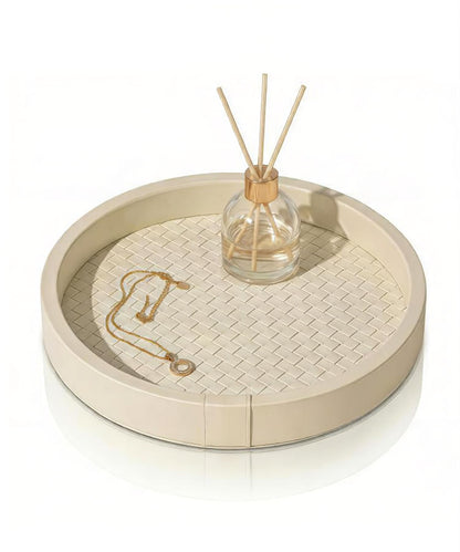 DEYIMAN Woven Leather Vanity Tray - 10 Inch Round Nightstand Organizer for Perfume & Jewelry, Beige