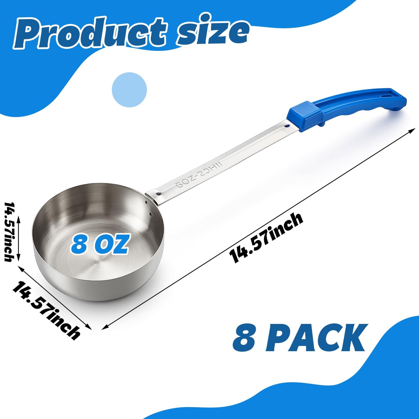 Ferrochef 8 Pcs 8oz Portion Control Serving Spoons Unslotted Portion Scoops for Food with Blue Handle, Stainless Steel Serving Utensils Set for Restaurant/Weight Loss/Baking