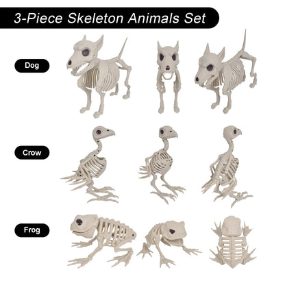 HRONG 3PCS Animal Skeleton Figurines, Plastic Skeletons Dog Crow Frog Ornaments, Halloween Skeleton Decorations for Home Office Desk, Spooky Party Favors & Gifts for Men Women