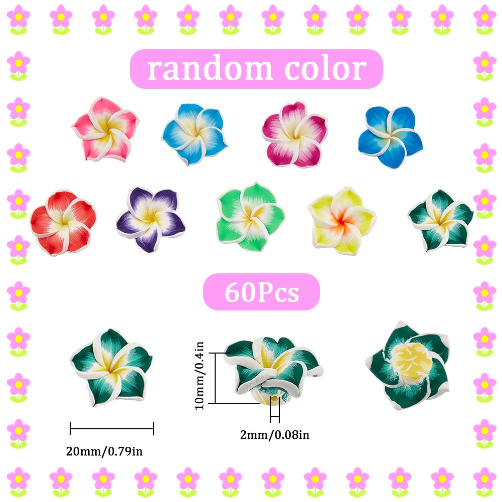 SUNNYCLUE 60Pcs Hawaii Flower Beads Plumeria Beads Bulk Large Floral Flowers 20x10mm Charms Handmade Polymer Clay Loose Spacers for Jewelry Making Beading Kit DIY Necklace Supplies