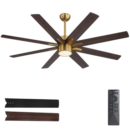 WINGBO 64 Inch Ceiling Fan with Light - 8 Plywood Blades, 6-Speed Reversible DC Motor, Noiseless Remote Control Ceiling Fans with Lights for Bedroom Living Room Kitchen, Gold and Walnut/Black
