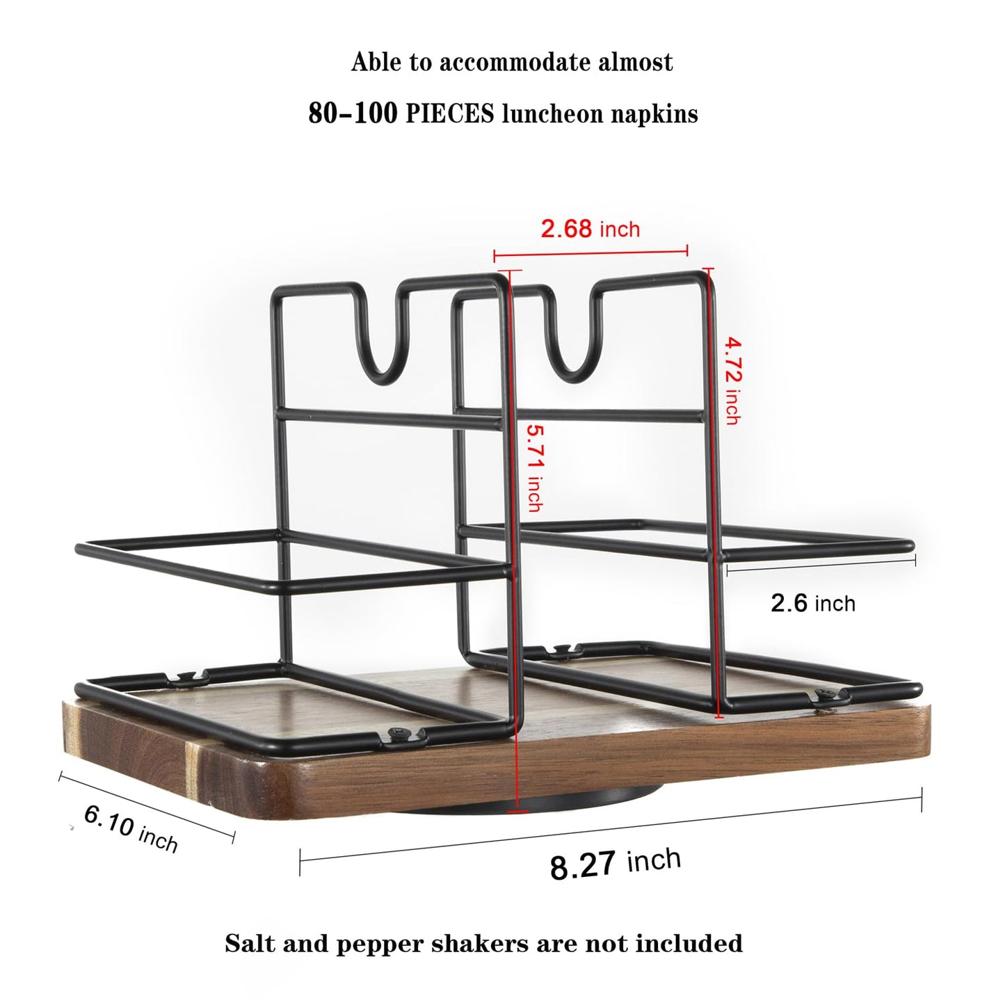 Napkin Holder for Table, Rotating Metal Napkin Holder with Salt and Pepper Shakers, Rotating Standing Napkin Dispenser for Kitchen Dining Table Decor, Not Including Salt and Pepper Shakers - Black