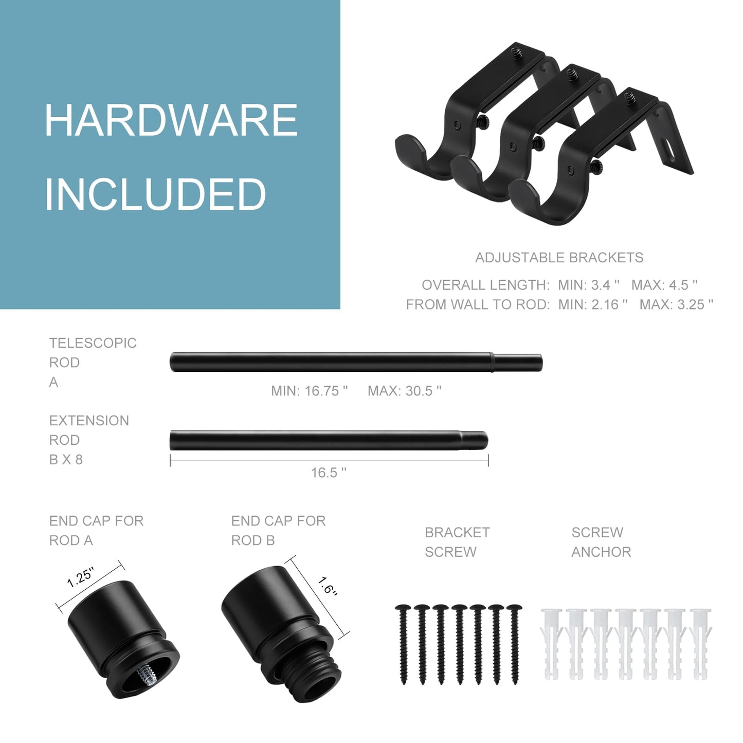 Byondeth Curtain Rods for Windows 16 to 144 Inches Adjustable Length 1 Inch Diameter Window Curtain Rod with Aluminium Finials, Black