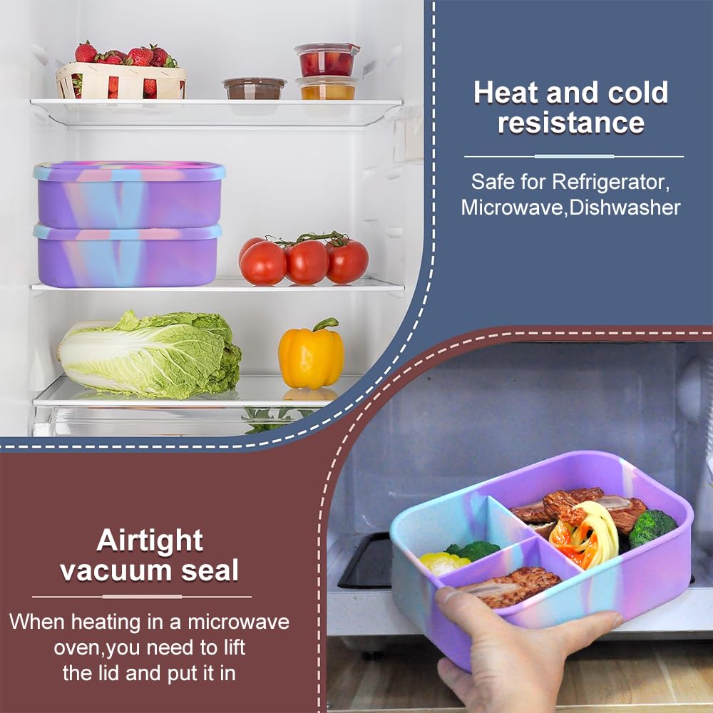 PACKED JOY Silicone Lunch Box for Adults & Kids, 40oz Bento Box | 3 Compartments, Leak-Proof Design, 100% Food-Grade Silicone | Microwavable & Portable For All Occasions (5.7x8.5in) (Purple)