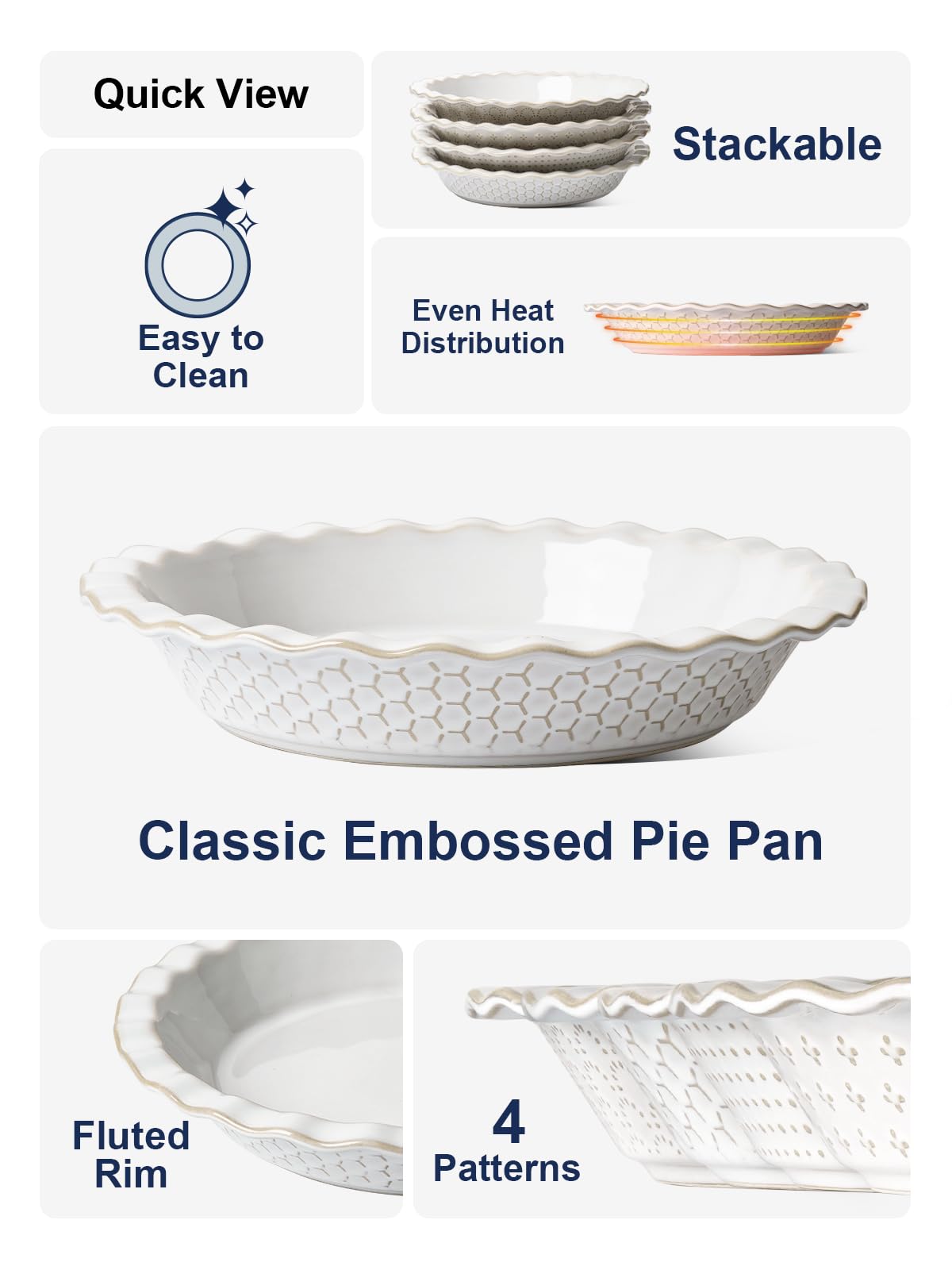 LE TAUCI Pie Pans for Baking 9 Inch, Ceramic Pie Plate for Apple Pie, Round Baking Dish Oven Safe, Embossment Housewarming Wedding Present - 36 OZ, Set of 1, Honey Comb, Arctic White