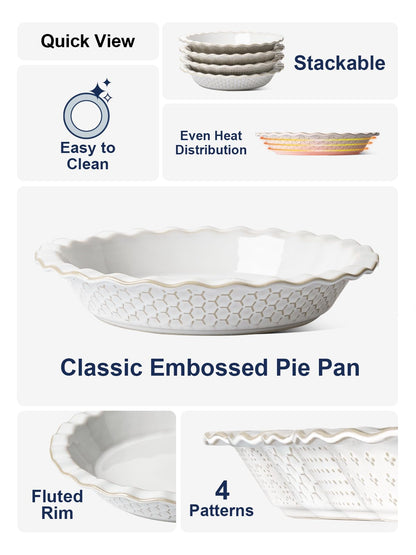 LE TAUCI Pie Pans for Baking 9 Inch, Ceramic Pie Plate for Apple Pie, Round Baking Dish Oven Safe, Embossment Housewarming Wedding Present - 36 OZ, Set of 1, Honey Comb, Arctic White