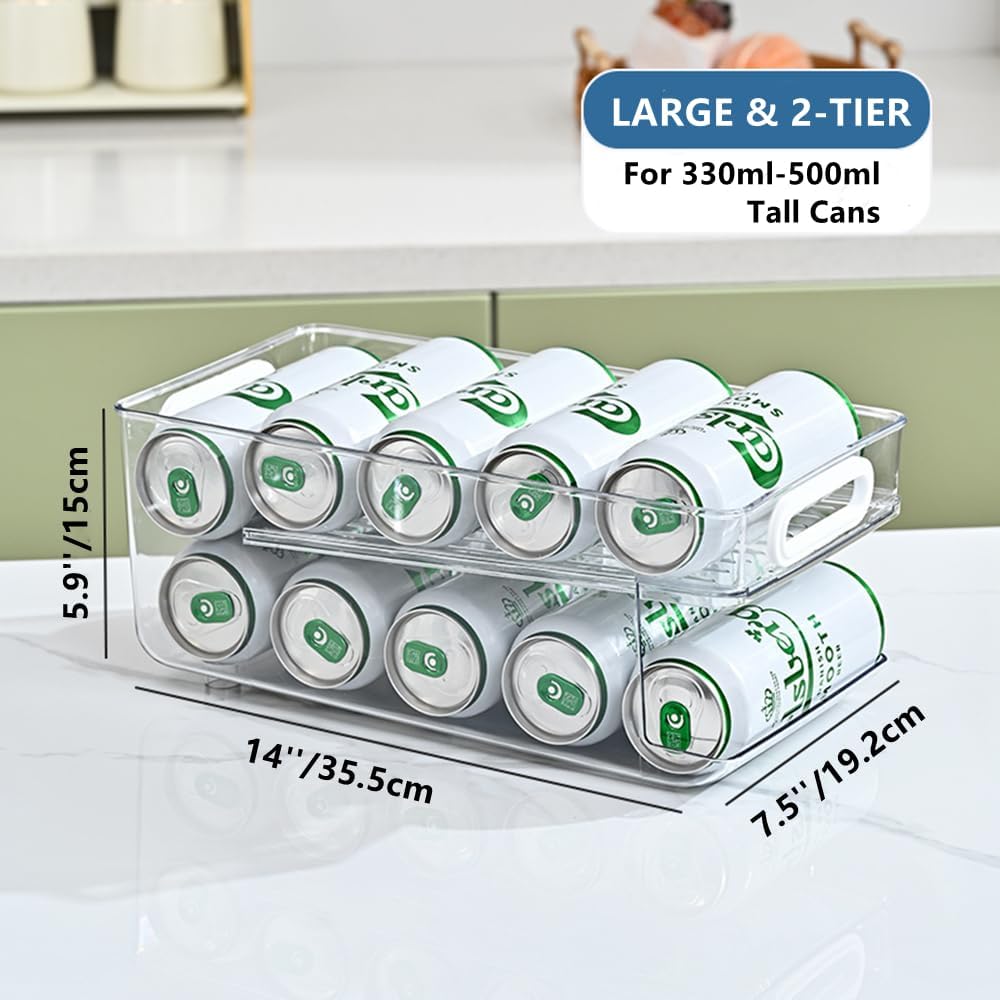 Upgrade 2-Tier Rolling Soda Can Storage Organizer, Tall Skinny Soda/Pop Cans Dispenser for Refrigerator, Plastic