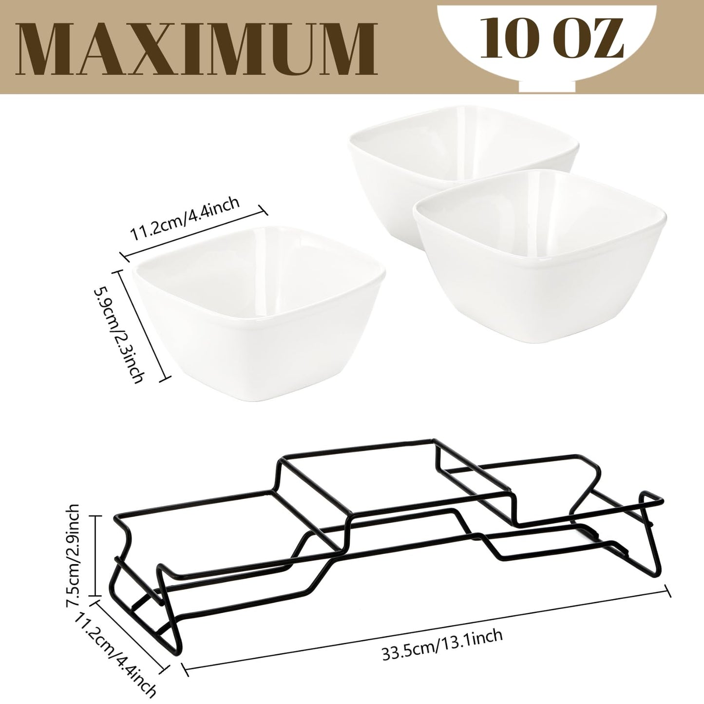 ZENFUN 10 oz Square Bowl Chip & Dip Serving Set, Pocelain Ramekin Bowls with Metal Rack Stand, White Small Serving Dishes, Condiment Serving Tray for Entertaining, Party, Buffets, Christmas