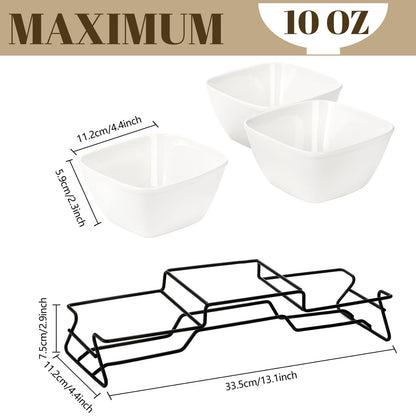 ZENFUN 10 oz Square Bowl Chip & Dip Serving Set, Pocelain Ramekin Bowls with Metal Rack Stand, White Small Serving Dishes, Condiment Serving Tray for Entertaining, Party, Buffets, Christmas