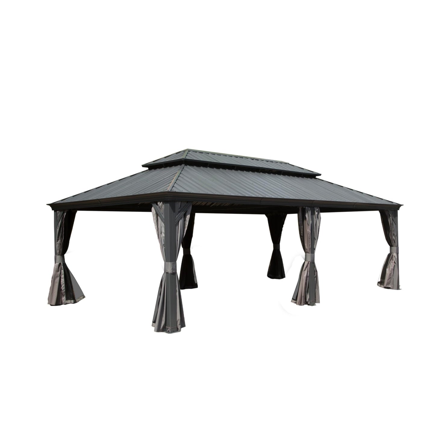 Ginkartu Hardtop Gazebo, Outdoor Gazebo with Galvanized Steel Double Roof, Aluminum Frame, Built-in Gutter System, Curtain and Netting, Metal Gazebo Pavilion for Patio Deck Garden, Grey