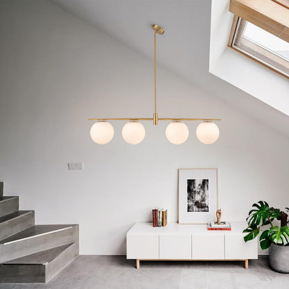 Zicbol 45.3" Modern Linear Chandelier 4-Lights Milk Glass Globe Linear Pendant Light Fixture Brushed Gold Mid Century Chandelier Kitchen Island Dining Room Light Fixture Over Table