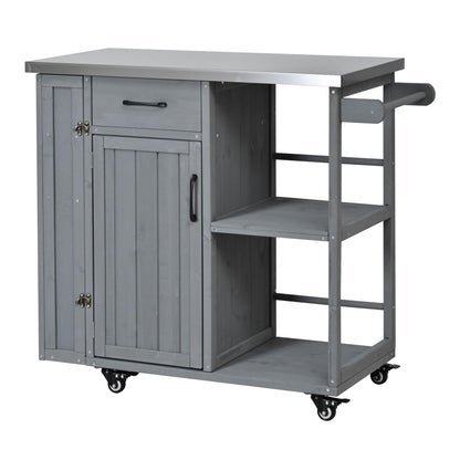 Outdoor Kitchen Island Cart with Stainless Steel Top, Rolling Grill Table with Storage Cabinet Drawer Shelves and Towel Rack, Wooden BBQ Prep Station with Lockable Wheels for Patio Backyard, Grey