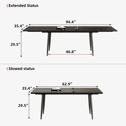 gaoyangjiaju 62.9"-94.4" Modern Extendable Dining Table for 6 to 10 Seats, Rectangular Sintered Stone Table with High Hardness and Easy Maintenance for Dining Room Family Gathering, Black Top