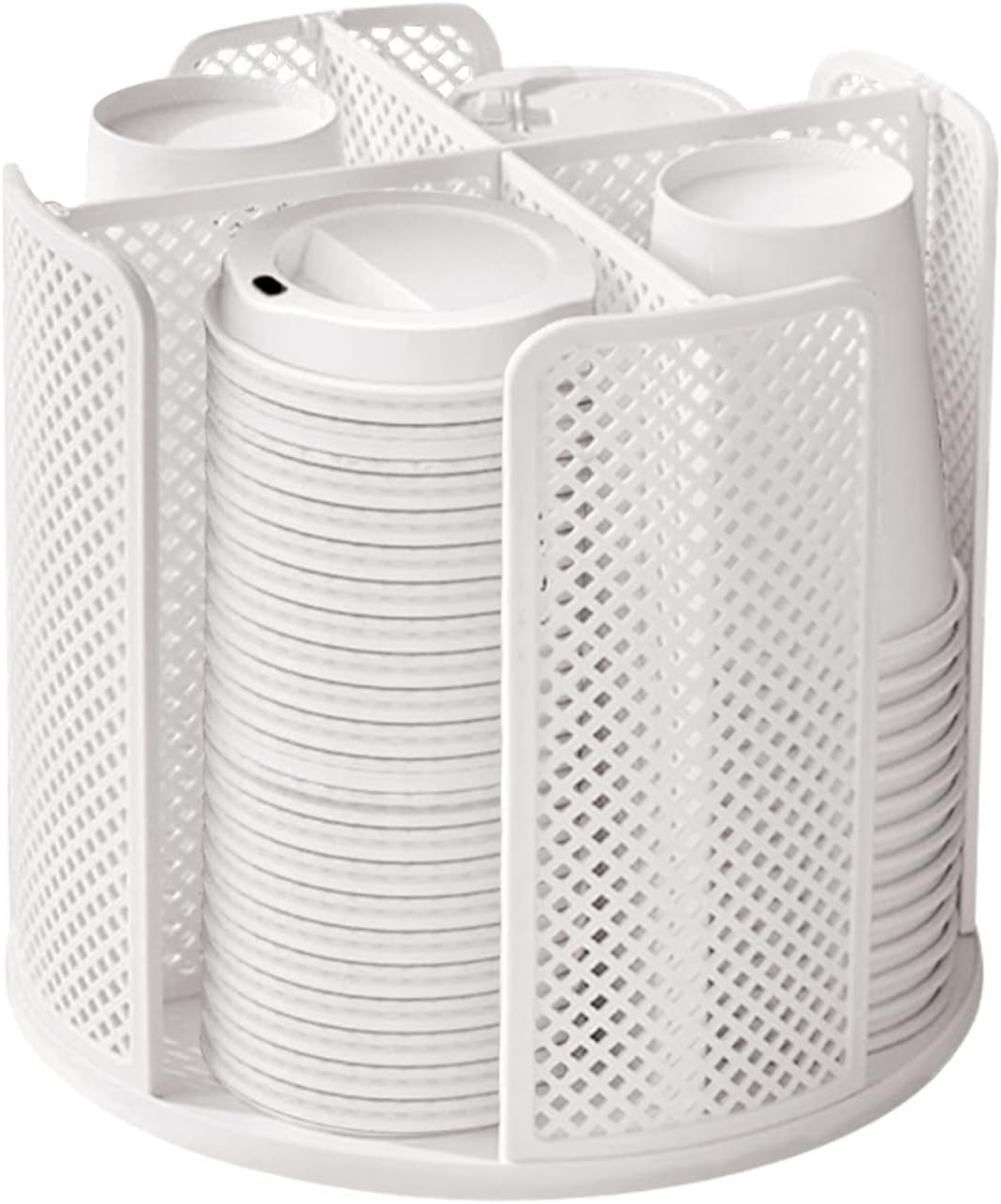 Rotating Cup and Lid Organizer, 4 Compartment Dispenser for Bathroom, Coffee Station, Kitchen Cabinet