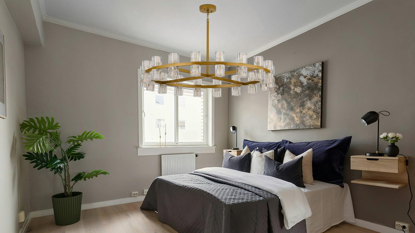 MeiYDeng 36 Inch Gold Crystal Wagon Wheel Chandelier, Modern Farmhouse Round 36-Lights Pendant Lighting Fixture, for High Ceilings Living Room, Bedroom, Foyer