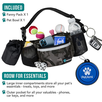 PetAmi Dog Fanny Pack, Treat Pouch for Dog Walking, Training, Built in Poop Bag Dispenser, Water Bottle Holder, Collapsible Bowl, Pet Treat Waist Belt for Hiking, Running, Kibbles (Camo Black)