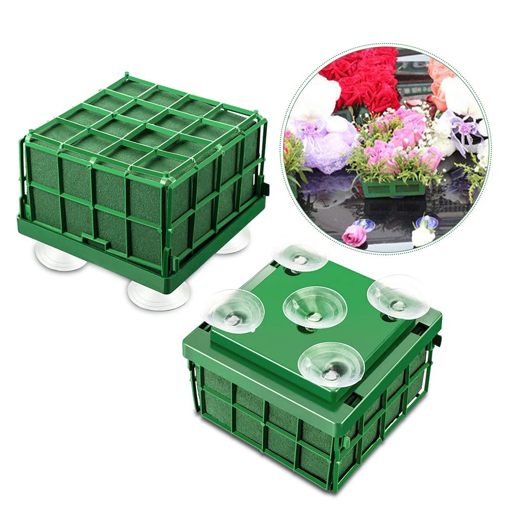 Xiaokeis 2 Floral Foam Cage with Suction Cups for Flower Arrangements, Square Floral Foam Cage Flower Holder for Fresh Flower Arrangement and Wedding Car Decorations(Green)