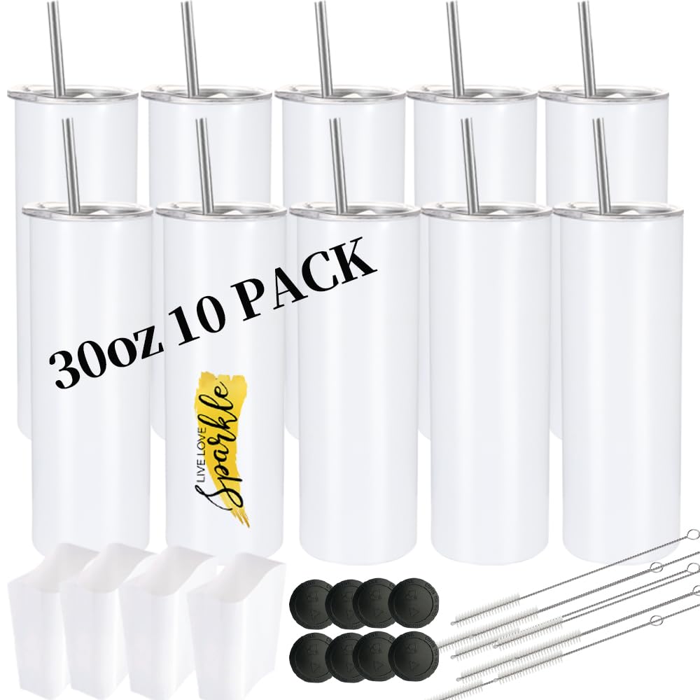 YOUKE OLA 10 Pack Sublimation Tumblers Bulk 30oz - Blanks Straight Skinny Tumbler White Stainless Steel Insulated Sublimation Tumblers Polymer Coating for Heat Transfer with Straws, Lids