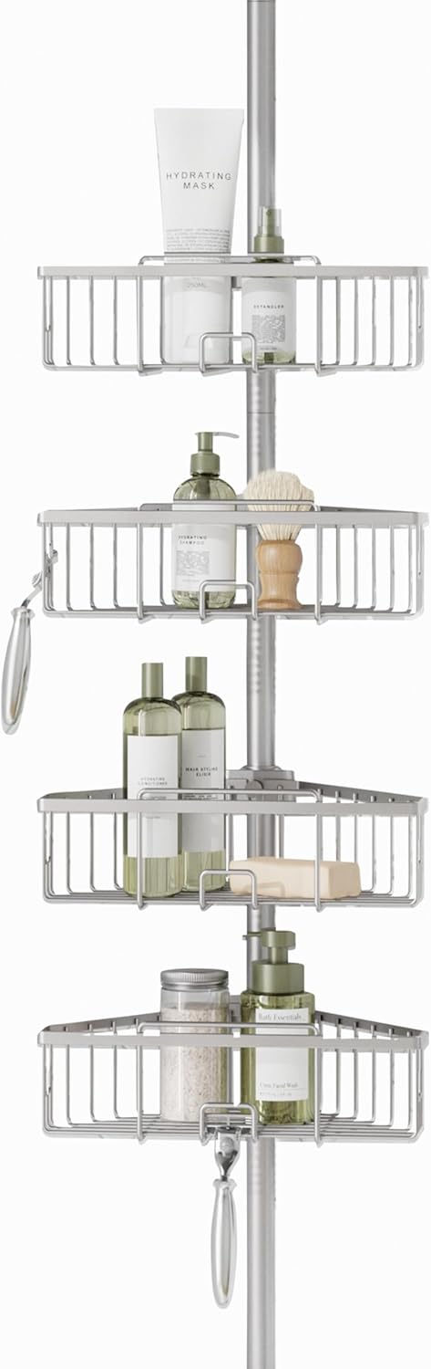 Zenna Home Tension Pole Shower Caddy - Adjustable 4 Basket Shelves, 60 to 108 Inch, Satin Nickel