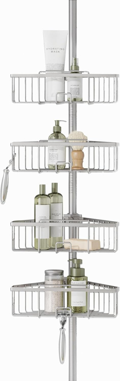 Zenna Home Tension Pole Shower Caddy - Adjustable 4 Basket Shelves, 60 to 108 Inch, Satin Nickel