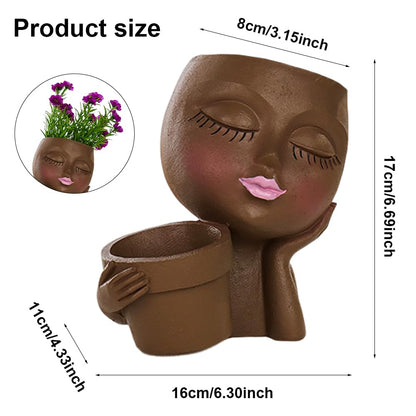 IUYYPU Face Planter for Succulents, Resin Lady Head Pot with 2 Planting Pockets and Drainage Holes, Approx. 6.3 x 4.3 x 6.7 in, Openings 3.2 in & 2.4 in, Brown