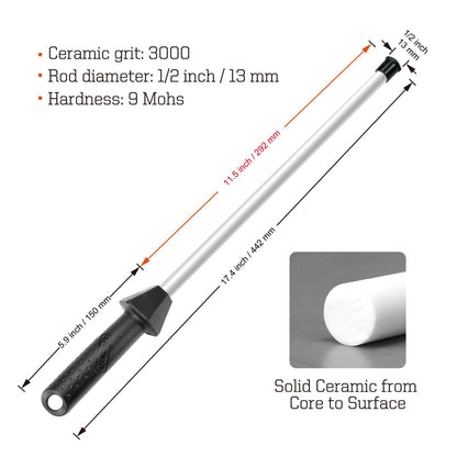 Sharpeak Total L.17.5-Inch/Rod L.12-Inch 3000-Grit Ceramic Sharpening Steel with Built-In Angle Guides and Anti-Breaking Cap, Sharpening Rod, Knife Steel, Ceramic Honing rod, Chaira Afilador Cuchillos