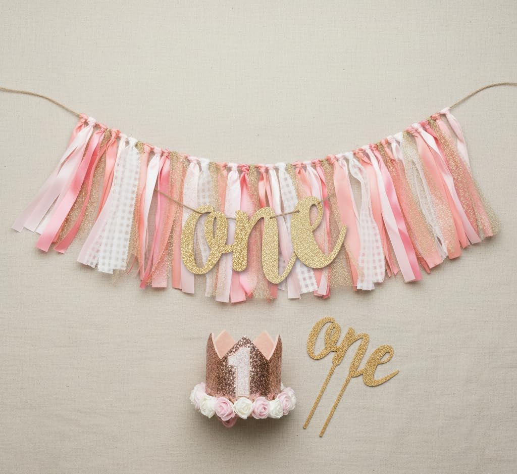 1st Set PapaKit Girls Birthday High Chair Premium Decoration - Pink & Gold Ribbon Garland, Crown, One Banner & Cake