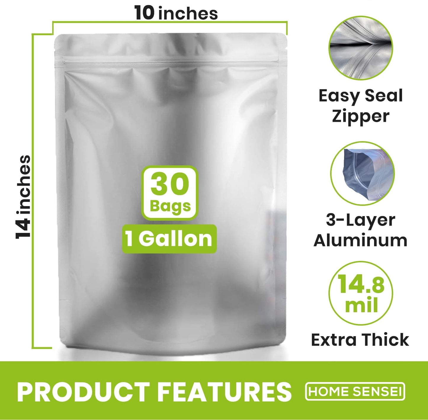 30 Mylar Bags for Food Storage 1 Gallon - Extra Thick 15 Mil - Long Term & Food Grade - Mylar Bags with Oxygen Absorbers 400cc- Zipper, Resealable, Stand-up Gousset - Bolsas Mylar con Abosrbentes