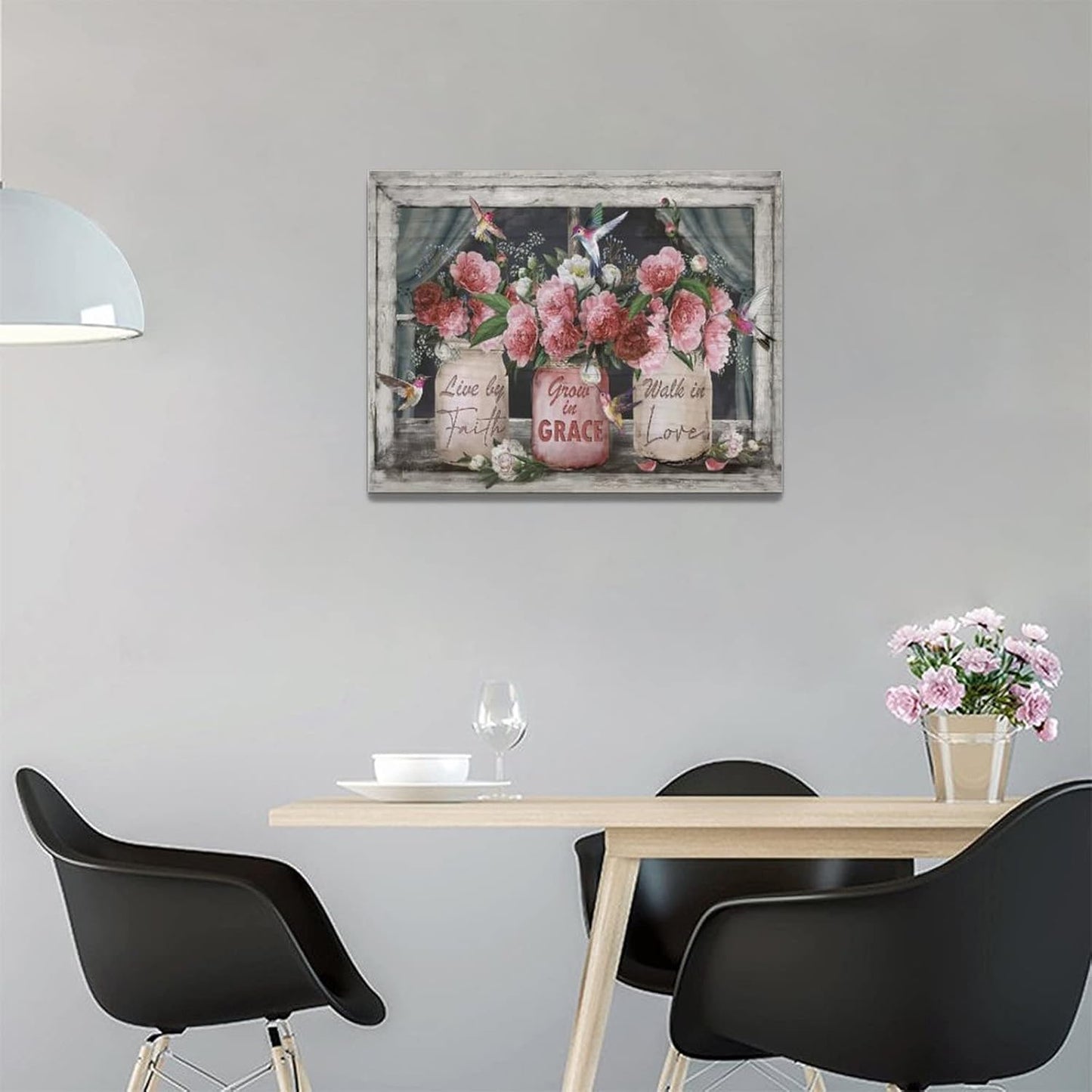 Farmhouse Canvas Wall Art Rustic Pink Rose Wall Decor, Flower Mason Jar Hummingbird Painting Prints for Country Home