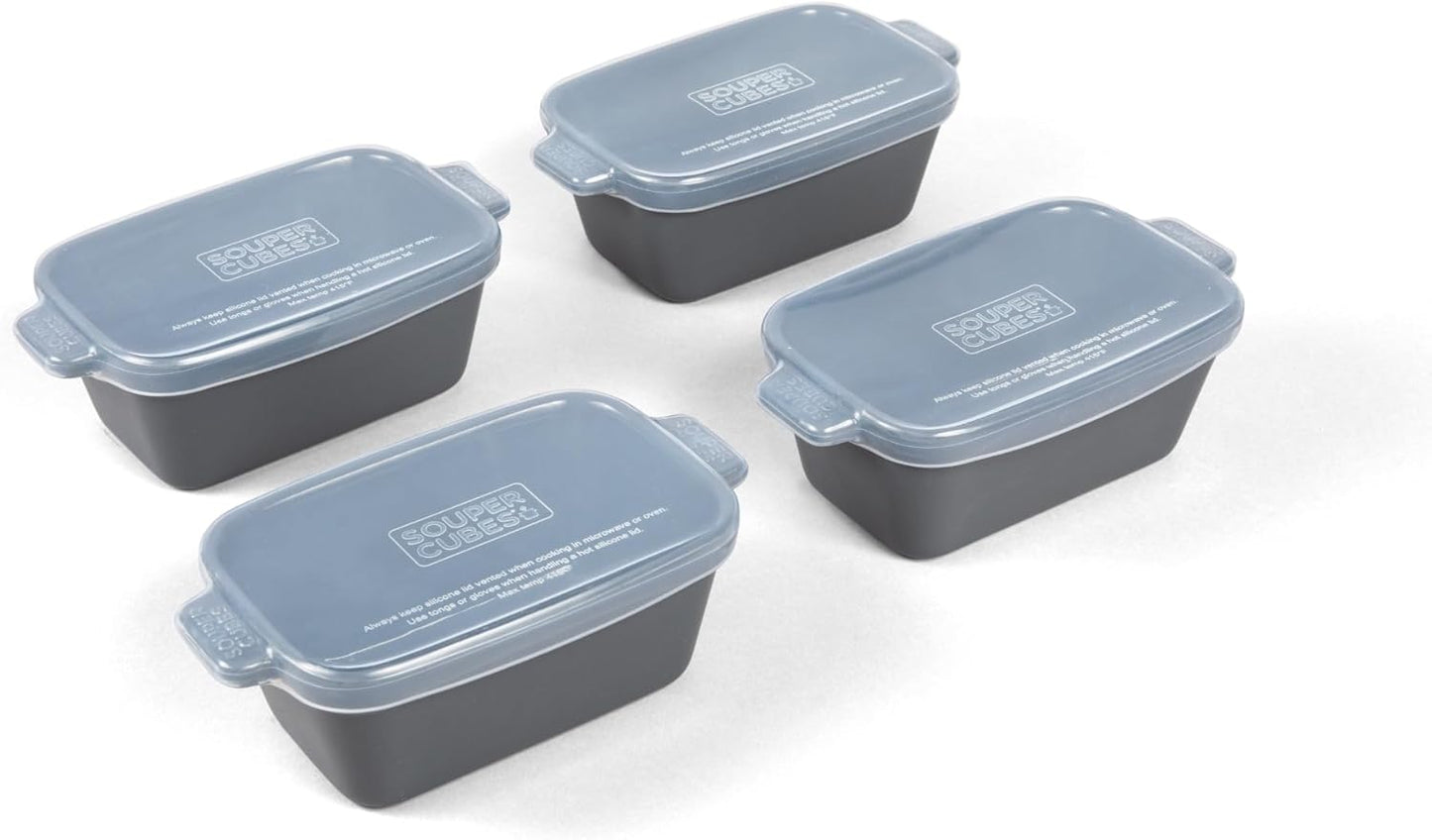 Souper Cubes Stoneware - Small 5" x 3" Ceramic Baking Dish Set with Silicone Covers | Ideal for Reheating Single Servings - Charcoal
