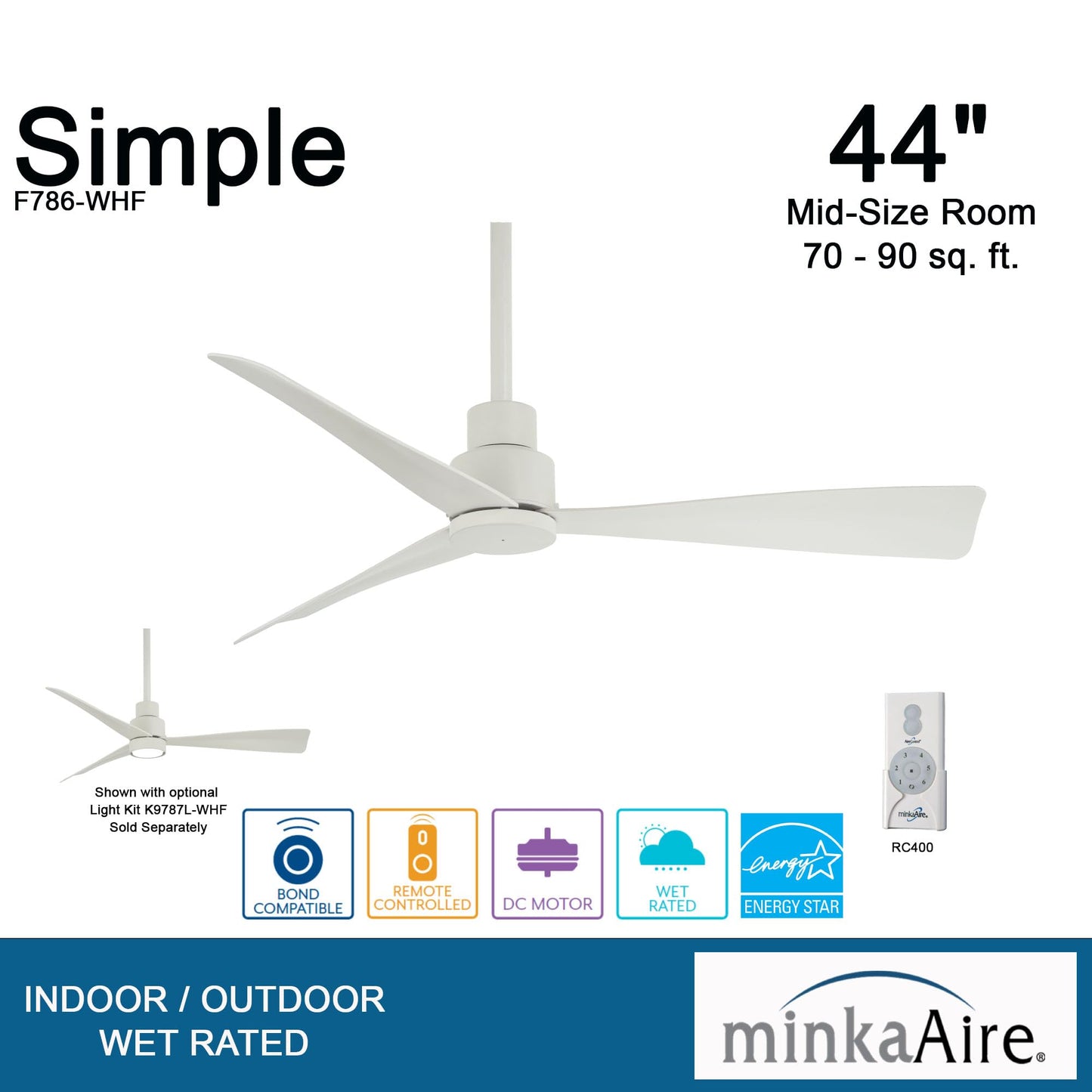 Minka Aire F786-SBR/WHF Simple - 44 Inch Ceiling Fan in Soft Brass with Flat White Blades