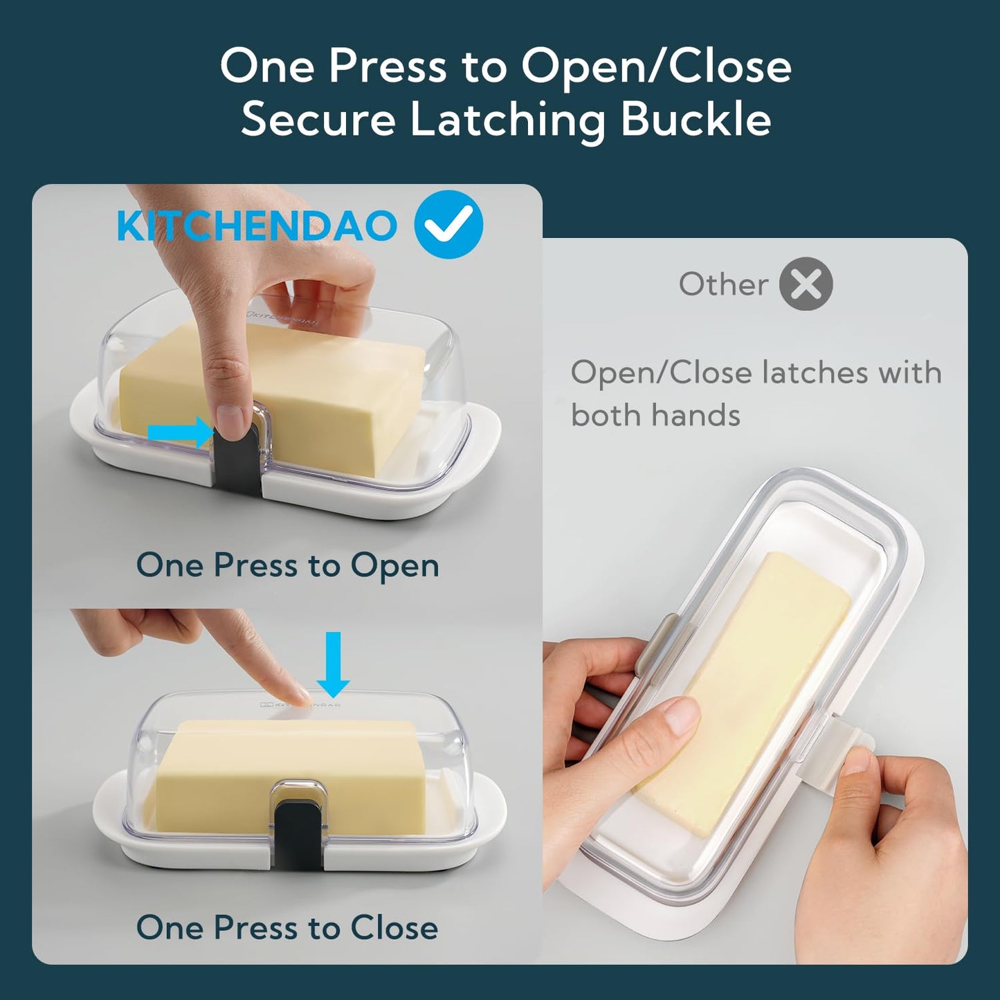 KITCHENDAO Large One-handed Butter Dish with Lid for Countertop, Airtight Butter Holder with One Press to Open/Close Secure Latching Buckle for East Coast/West Coast/European/Kerrygold Butter(White)