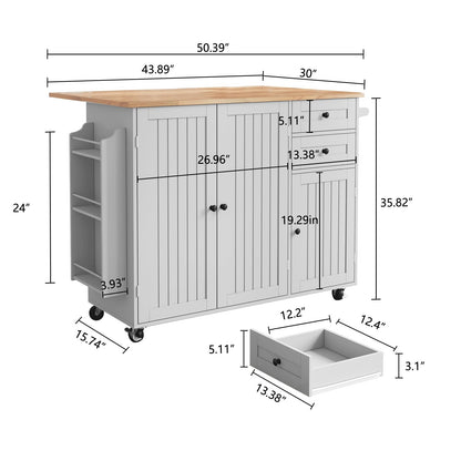 HLR Kitchen Island with Storage, Grey Rolling Kitchen Island on Wheels with Drop-Leaf Bar Countertop, Prep Table with Side Open Spice Rack and Tower Rack, Home Bar Carts with Storage