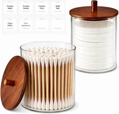 Skiennix Glass Qtip Holder Dispenser Set - 15oz & 10oz Cotton Swab Canisters with Acacia Lids | Bathroom Vanity Organizer (2 Pack)
