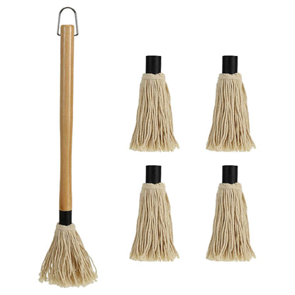 XMSTOY BBQ Mop Brushes for Sauce, Grill Basting Mop Wooden Long Handle BBQ Mop with 4 Extra Replacement Heads Perfect for BBQ Grilling Smoking Steak Marinade or Glazing (18 Inch)