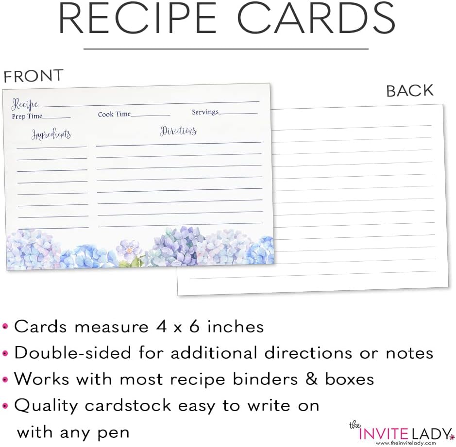 Recipe Cards 4x6 Double Sided Flowers Blue Wildflower Hydrangeas, Wedding Keepsake Gift (50 Count)