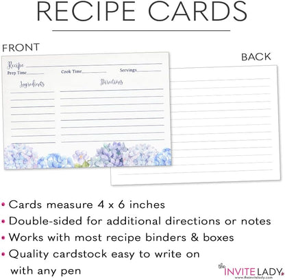 Recipe Cards 4x6 Double Sided Flowers Blue Wildflower Hydrangeas, Wedding Keepsake Gift (50 Count)