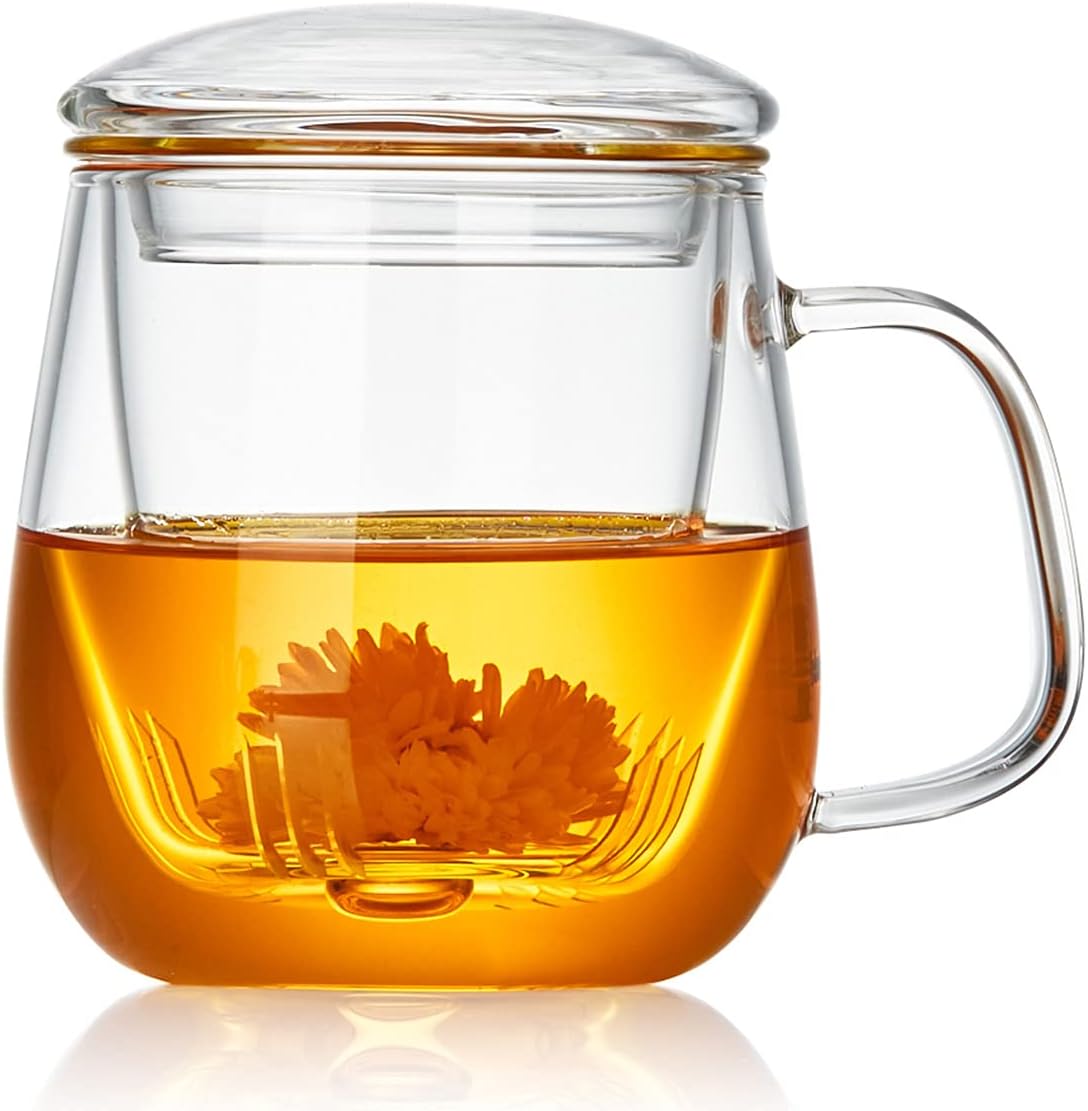 17.6oz/520ml DOPUDO Glass Tea Cup with Infuser and Lid, Large Borosilicate Teacup,Tea Glass, Clear Mug for Loose Leaf