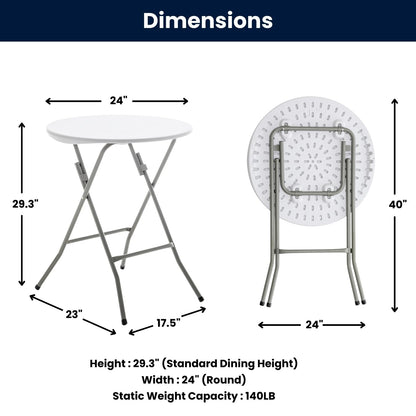 BTEXPERT Set of 10, White 24" Round Plastic Folding Table Commercial Portable for Picnic Party Camping Banquet Card Dining Wedding Event Home Kitchen Indoor Outdoor, 30" Height