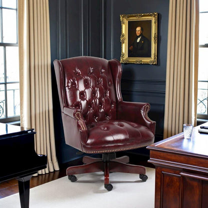 Starlight Canyon Home Burgundy Faux Leather Office Chair, Executive Seating with Wood Frame, Leather Desk Option for Study, Boardroom, Or Office Settings