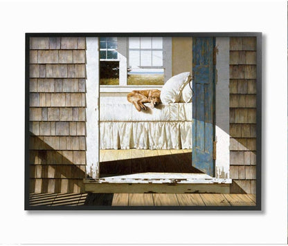 Stupell Industries Dog Nap at Cape House Painting - Realistic Coastal Art, 11x14, Black Framed